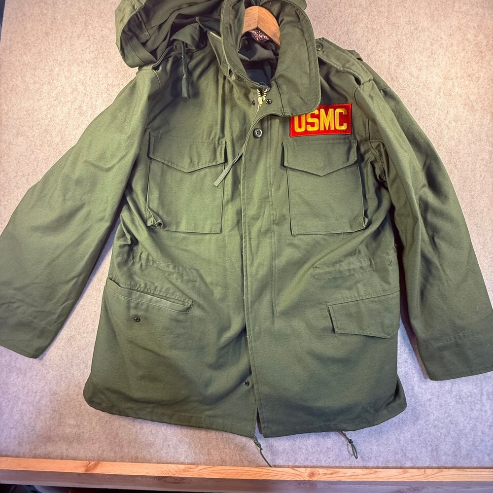 Tru-Spec Mens M-65 Field Jacket USMC Patch Olive Drab Green Military Coat Hooded